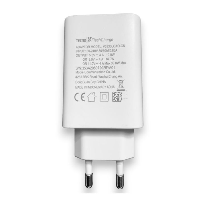TECNO 33W Fast Charger with 6A Type C Cable for Vivo and Android Phones, Compact and Safe Charging, White