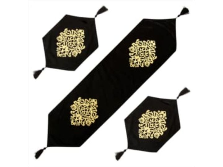 3Pcs Luxury Velvet Laser Cut Table Runner Mat Set