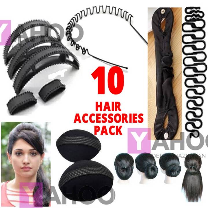 HAIR Style PACK Of 10 Items 1 Jora Braider 2 Back PuffS 5 Comb Puff 1 Bun Jora Maker 1 Metal hair Band Original