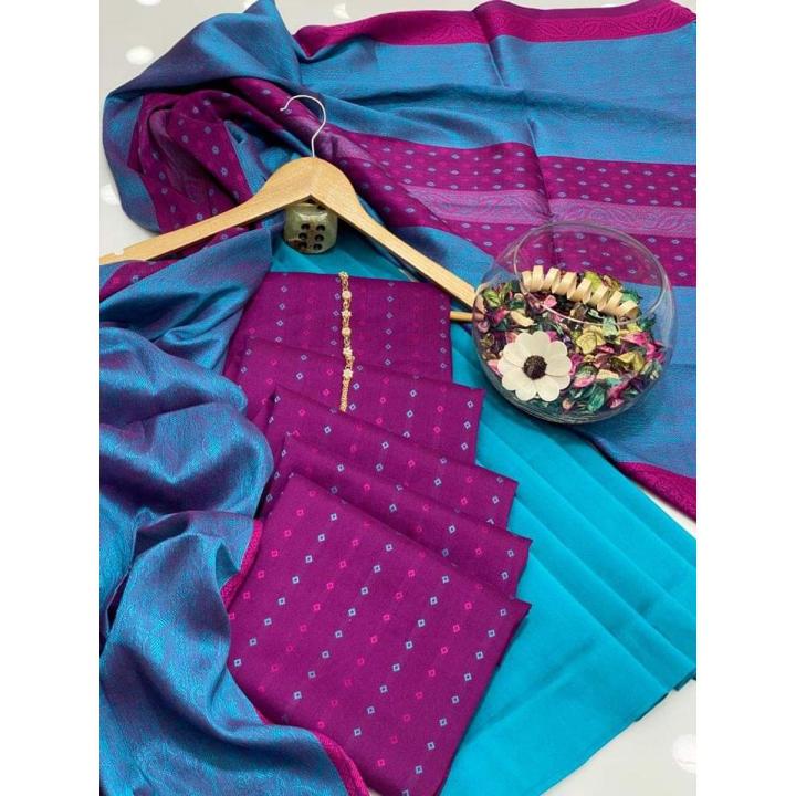 Susi Shirt with Bindi Booti Front Back , Plain Susi Trouser Along With Soosi Jacquard Border Shawl 3 Pc Dress