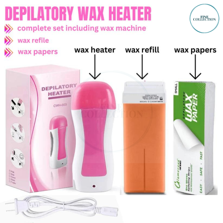 Depilatory Wax Heater, Wax Roll On Heater, wax machine 3 in 1 Depilatory Roll On Heater Waxing with Epilator Machine Cartridge Heater for Skin Underarm Hair Removal Face Skin Care Tool, WAX REFILE AND STRIPS INCLUDED