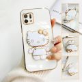 FELMYST Hello Kitty Holder Case For OPPO A16K/A16E Fashion Cute Cat Mirror Brand Luxury Stand Mobile Phone Casing Square Girl Boy Men Gift Shockproof Back Soft Cover. 