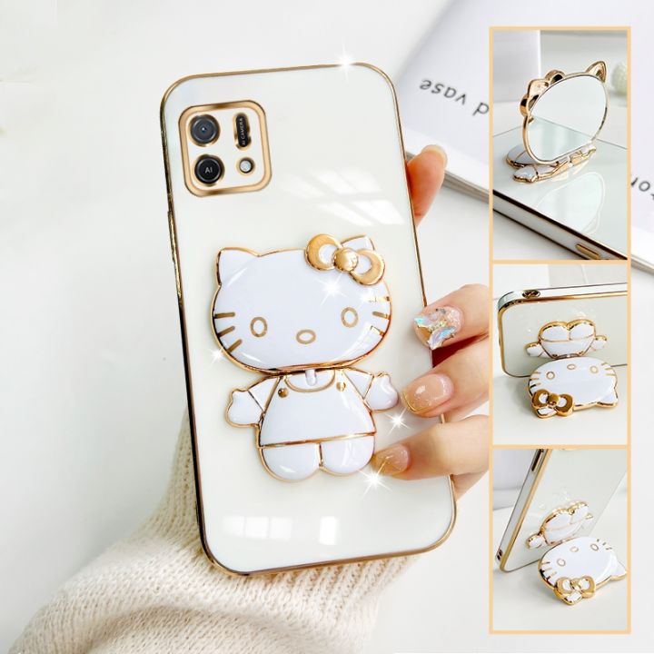 FELMYST Hello Kitty Holder Case For OPPO A16K/A16E Fashion Cute Cat Mirror Brand Luxury Stand Mobile Phone Casing Square Girl Boy Men Gift Shockproof Back Soft Cover