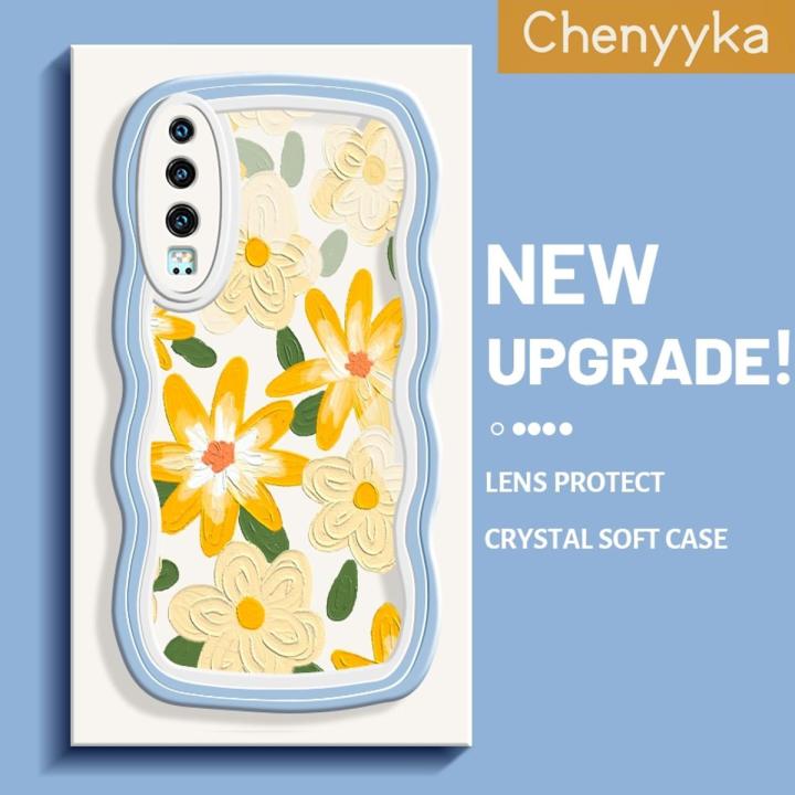 chenyyka For Huawei P30 Case Fashion Literary Flower Pattern Colorful Lovely Cream Wave Border Soft Clear Shockproof Phone Cases Creative Camera Transparent Casing Simple Gentle Protective Cover