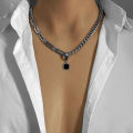Creative Hip-hop Tide Brand Simple Black Square Earrings Pendant Necklace Men's Dual-use Design Stainless Steel Stitch Necklace Encounter. 