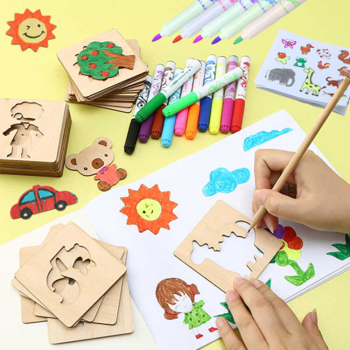 Kids Wooden Drawing Stencils Kit Drawing Board Toys Coloring Puzzle Arts Crafts Set Educational Toys For Kids Accessories