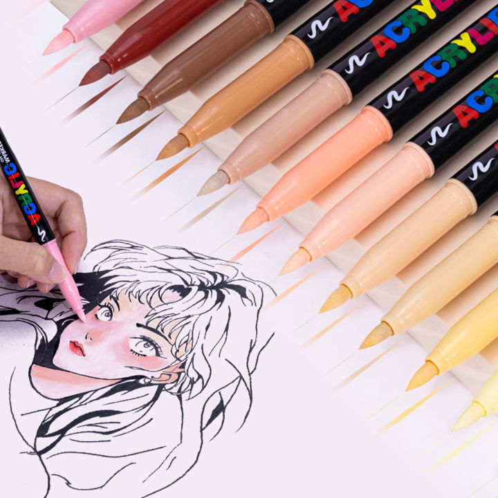 SF 12 Colors Skin Tone Markers Pens Nylon Soft Head Acrylic Markers Waterproof Pen Soft Brush Nib Skin Color Figure Painting School
