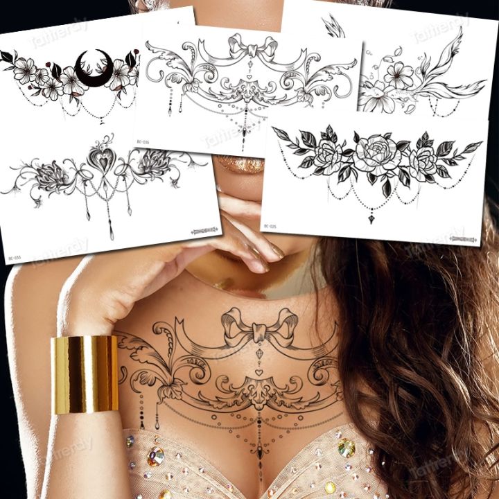 【Good-Love Store】body sticker temporary tattoos black henna lace sternum tattoo waterdecal flowers rose peonies mandala pattern