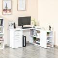 Home Office L-Shaped Computer Desk Workstation w/ Storage Shelves Drawers, White. 