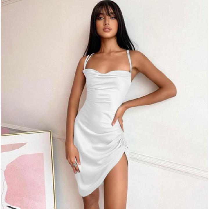 CLOUD4D-Backless Dress with Split Thigh Draped Satin WEANIA