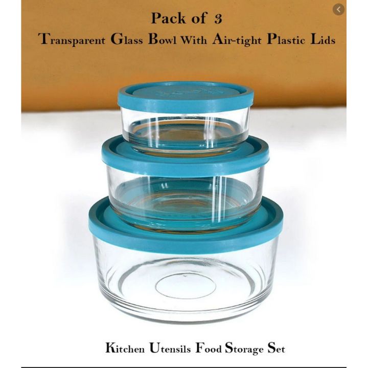 Storage Bowl Set of 3 Transparent Glass With Plastic Lid
