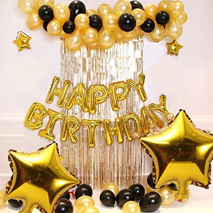 "Happy Birthday" Letter Foil Balloon Set, 13 Letters (Gold) with Shimmer Curtain, Star Foils and Metallic Balloons (Gold & Black) for Birthday Decoration (Gold & Black)