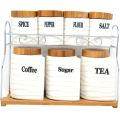 7PCS CERAMIC WOODEN AIR-TIGHT SPICES STORAGE SET WITH METAL STAND. 