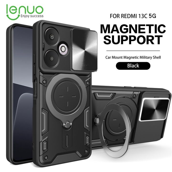 Lenuo For Xiaomi Redmi 13C 5G Back Cover Shockproof Armor Case Car Magnetic Ring Stand Holder Push Pull Camera Lens Protection Hard Phone Case