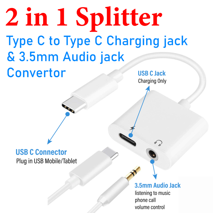 USB C to 3.5mm Headphone Audio Adapter | 2 in 1 USB C Headphone Splitter for Samsung ,Oppo ,Vivo & other Interface Type C Smart Phones  | USB C to 3.5mm AUX Audio Jack with Type C Charging jack Splitter | Type C AUX Audio & Charging Convertor