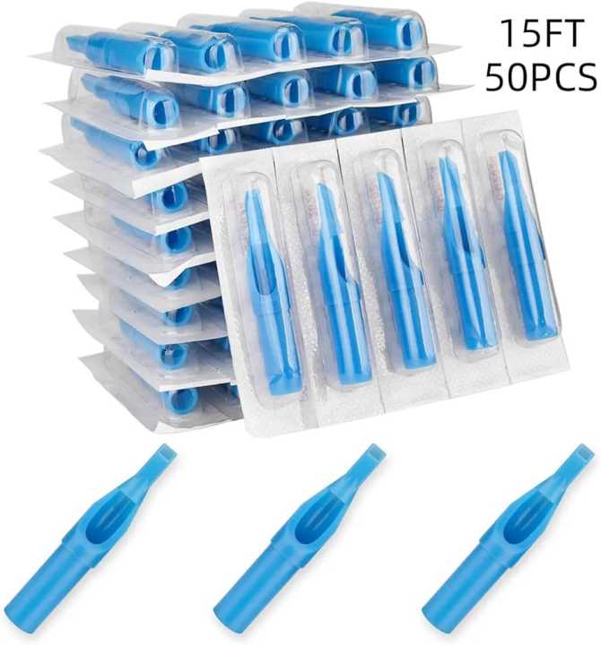 Blue Flat Tattoo Needle Tips, 50pcs Tattoo Accessories 15FT, Disposable Plastic Assorted Tips, Plastic Tattoo Tips for Tattooing,Professional Plastic Needle Tips