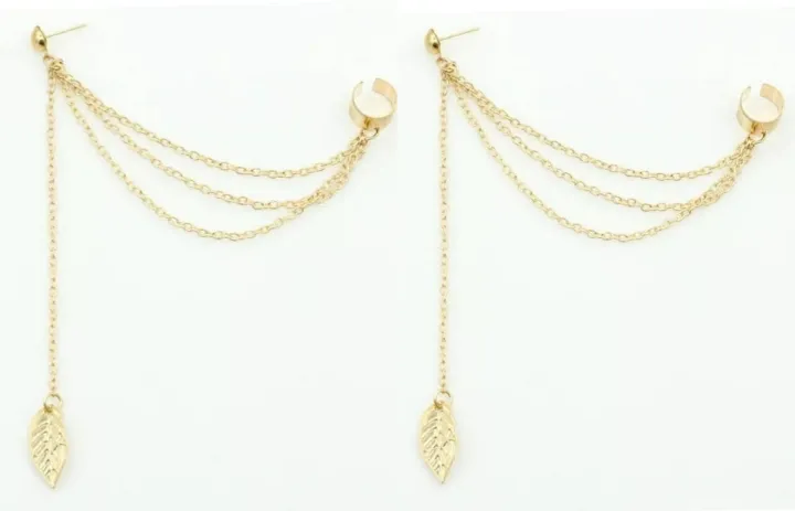 Pair%20Of%20Ear%20Cuff%20Long%20Chain%20Leaf%20Tassel%20Stylish%20Earrings%20For%20Girls%20-%20Golden%20-%20Image%203