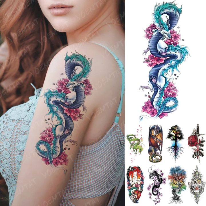 【Good-Love Store】Waterproof Temporary Tattoo Sticker Ice Dragon Plum Blossom Tattoos Family Tree Body Art Arm Fake Tatoo Women Men