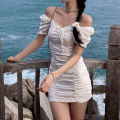 Ladies Mini Skirt, Girls Summer Temperament Solid Color Puff Sleeve Drawstring Ruched Short Dress. 