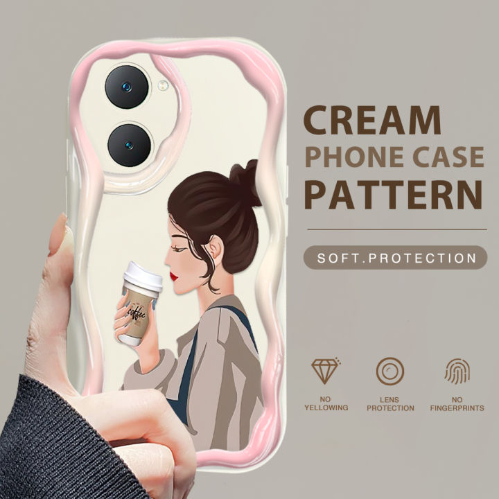 BILI for Vivo Y03 Y18 Y18e Back Cover Elegant Girl Pattern Cream Texture Wavy Soft Silicone Mobile Phone Covers