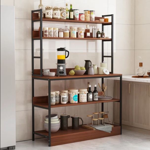 40'' Wood Standard Baker's Rack with Wooden Shelves iron Frame Luxury Table Microwave oven Stand Table
