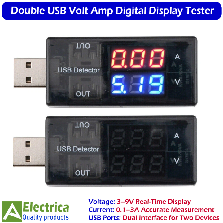 Double USB Volt Amp Meter Detector Tester 3–9V 0.1–3A Portable USB Charger Tester with Digital Display by Electrica
