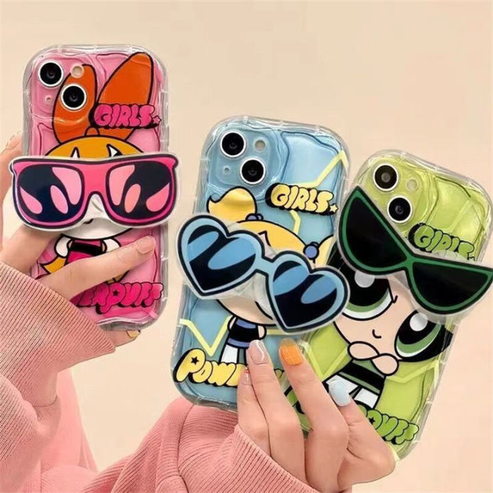 Lovely Powerpuff Girls Sunglasses Bracket Cover For Xiaomi Redmi Note 12 4G 11 10 13 Pro 11S 12S 9 Redmi 13C 12C 9C 9A 9 10 A1 A2 Plus Case Cover 3D Wavy Curved Edge Cute Soft Clear TPU Camera Protective Shockproof