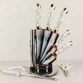 Professional Unique Chef Rose Gold Knife Peeler Scissors 3cr13 Stainless steel Kitchen knife set with Movable Holder. 