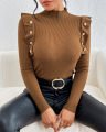 bellylady Women's Mock Neck Ribbed Knit Ruffle Long Sleeve Sweater. 