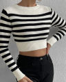 bellylady Omens Cropped Striped Sweaters Oversized Batwing Long Sleeve Crew Neck Crop Tops Knit Pullover. 