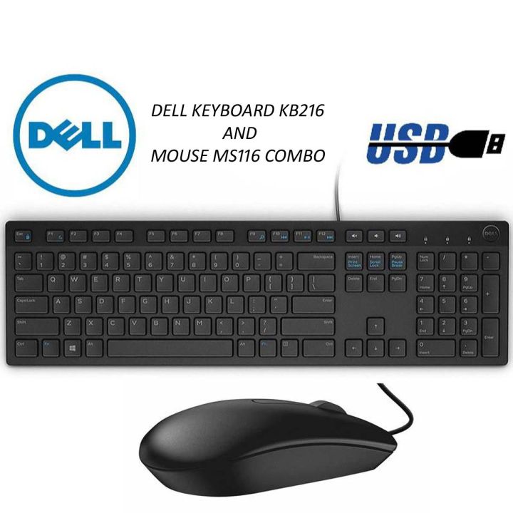D-e-l-l- KB216 and MS116 USB Wired Keyboard and Mouse Combo Best Typing Keyboard Slim Design for home and Office Use.(Refurbished)