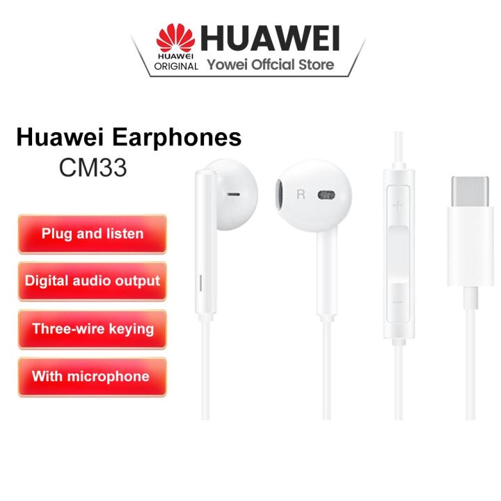 HUAWEI Earphones Original Headset Type C Earphone (USB-C Edition) | 14mm Driver with Hi-res Audio | 3-button With Mic Volume Wire Control Earphones CM33 Yowei