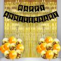 Happy Anniversary Party Decorations Combo Including Banner, Confetti & Metallic Balloons, Foil Fringe Curtain for Marriage Anniversary Party Black & Gold Theme Set of 38 Piece. 