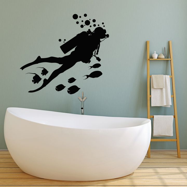 size:  1 x 1 Feet  - Underwater Aquarium Diverr man With Fish Floral Ocean Scene Nature self adhesive Wall stickers for kids, office, home ,bathroom,  room , school, decoration, decor lovers- Black - lucky garnet