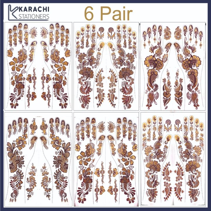 6 Pairs - Removable Mehndi / Henna Classic Design Glitter Sticker Tattoo for EID & Wedding Functions