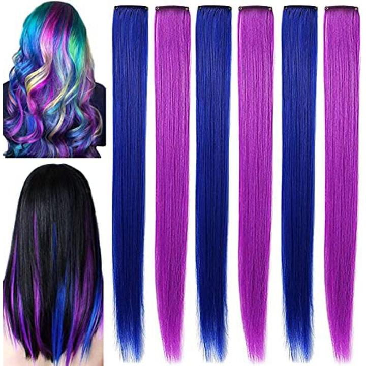 6Pcs Hair Extensions for Women Blue & Purple