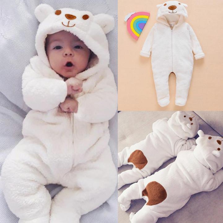 Newborn Infant Baby Boy Girl Hooded Cartoon Flannel Romper Jumpsuit Warm Clothes