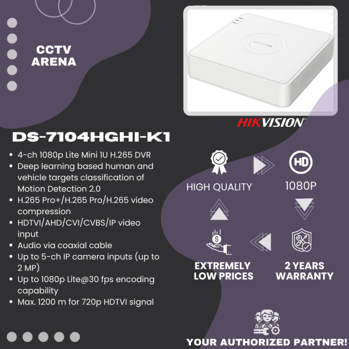 HIKVISION DS-7104HGHI-K1 4-ch 1080p Lite Mini 1U H.265 DVR Turbo HD Products DVR Value Series-Deep learning based human and vehicle targets classification of Motion Detection 2.0-HDTVI/AHD/CVI/CVBS/IP video input DVR