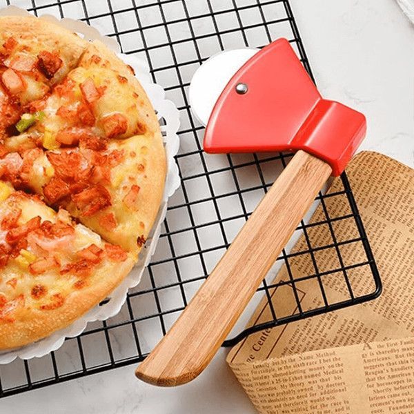 Axe Pizza Cutter with Bamboo Handle and Sharp Rotating Blade, Stainless Steel Wheel Pizza Cutter, Hammer Shaped Slice Pizza Cutter