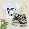 Newborn Toddler Boy Outfits Sets Letter Printed Short Sleeve T-shirt with Camouflage Short Pant Suits. 