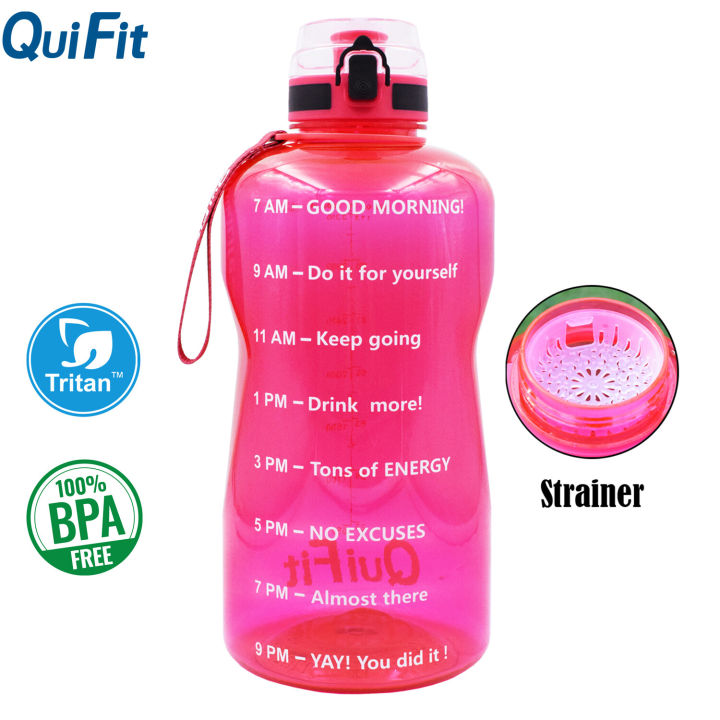 QuiFit 3.8L 128OZ Motivational Gallon Water Bottle with Locking Flip-Flop Lid and Time Marker BPA Free Large Tumbler Leak-Proof Durable Bottles for Fitness Outdoor Enthusiasts