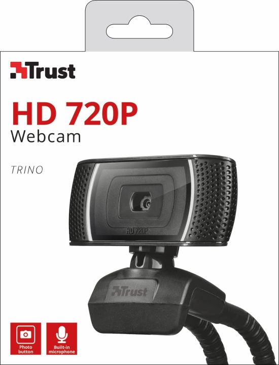 Trust Trino HD Webcam with Microphone, 1280x720, 30 FPS, Universal Stand, USB, Web Camera with Photo Button for Streaming, Video Calling, Skype, Teams, Zoom, PC, Computer, Laptop, Mac - Black