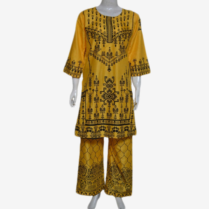 Dzyne%20%20Yellow%20block%20Printed%202%20Pc%20Stitched%20Dress%20%20for%20Girls%20&%20Women%20-%20Image%202