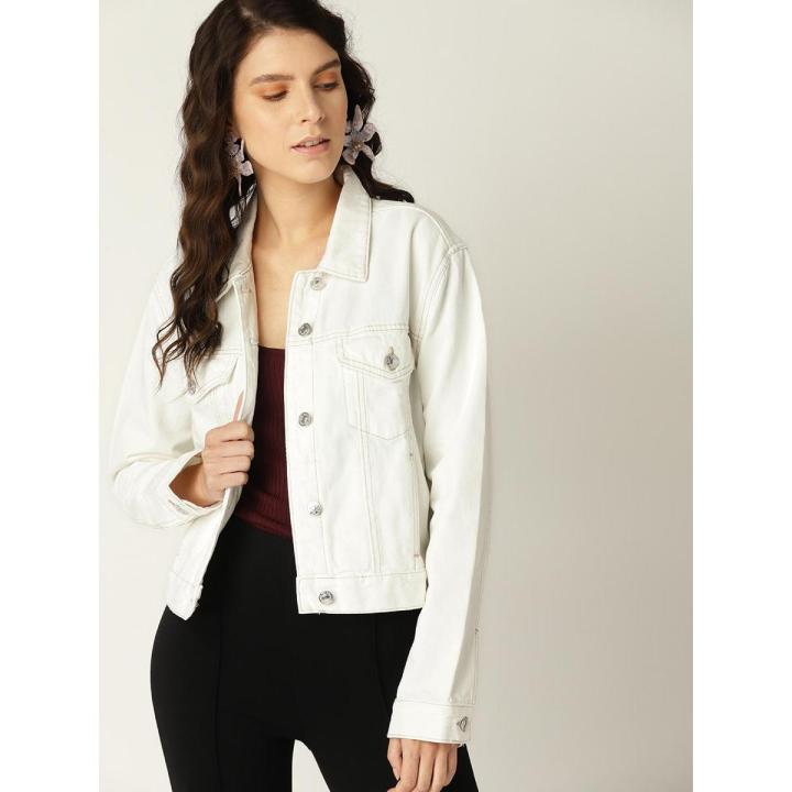 White Denim Jeans Jacket Long Sleeves For Womens