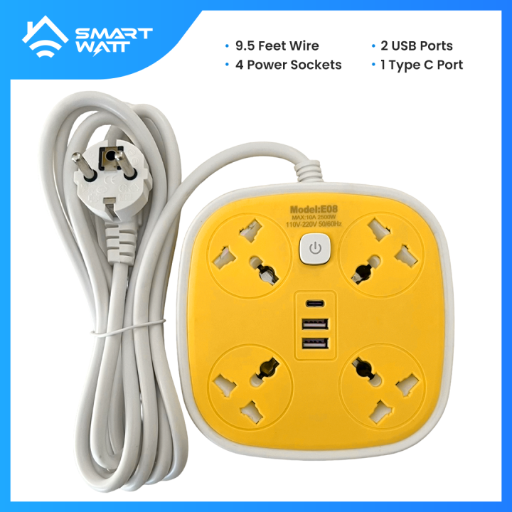 Universal Electric Power Extension Board 4 Power Socket + 2 Usb Ports Plug + 1 Type c Port For Electronics Mobile Charging With 3 yard Heavy Duty Copper Wire 2500 watts Maximum Load capacity