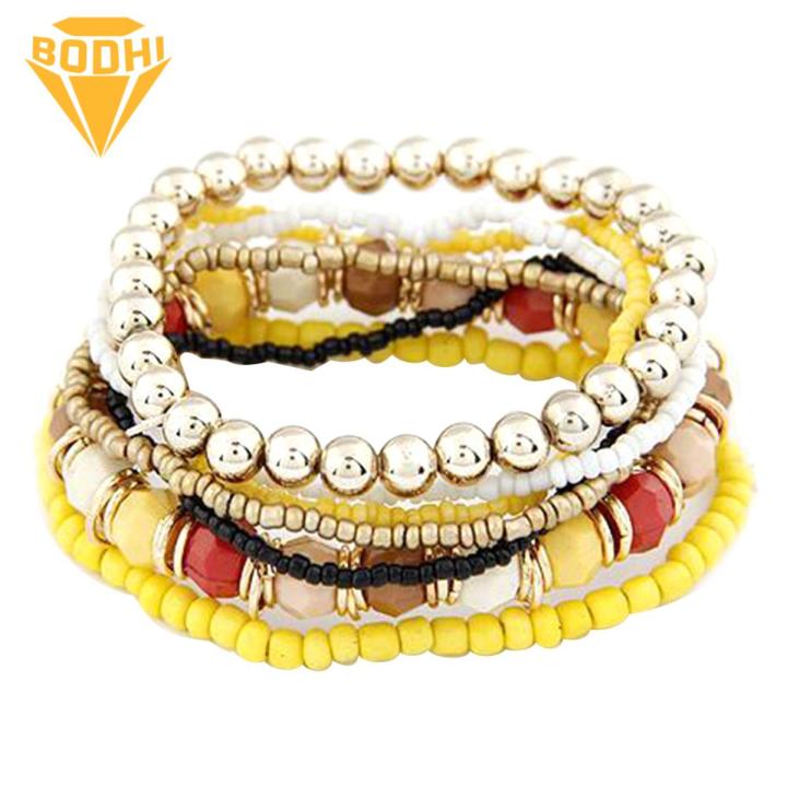 7Pcs/Set Women Boho Bohemian Mix Style Multilayer Elastic Beaded Bracelets for Banquet Party