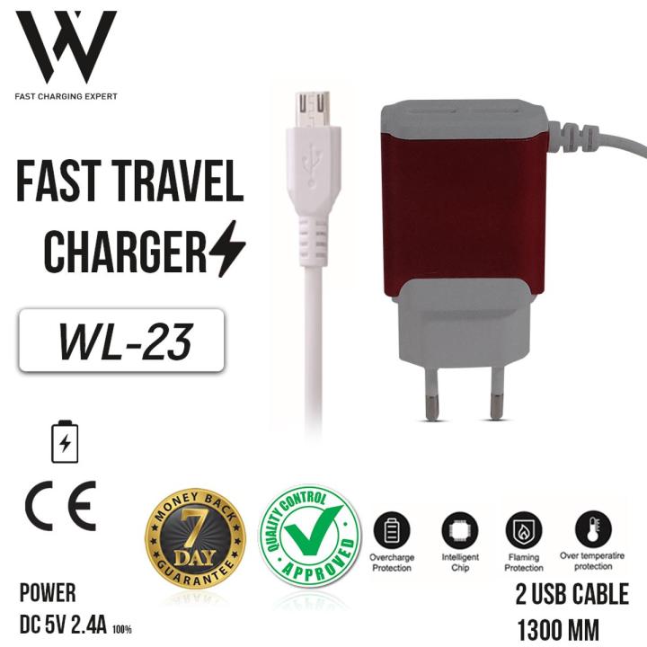 QW Fast Charging Expert Home Charger 2.4A - Adaptive Fast Charger WL-23 Dual USB Port Mobile Charger With Micro USB Cable - Universal Compatibility - 100% Original Genuine Fast Charger - Adapter Type C And Micro USB Android charger