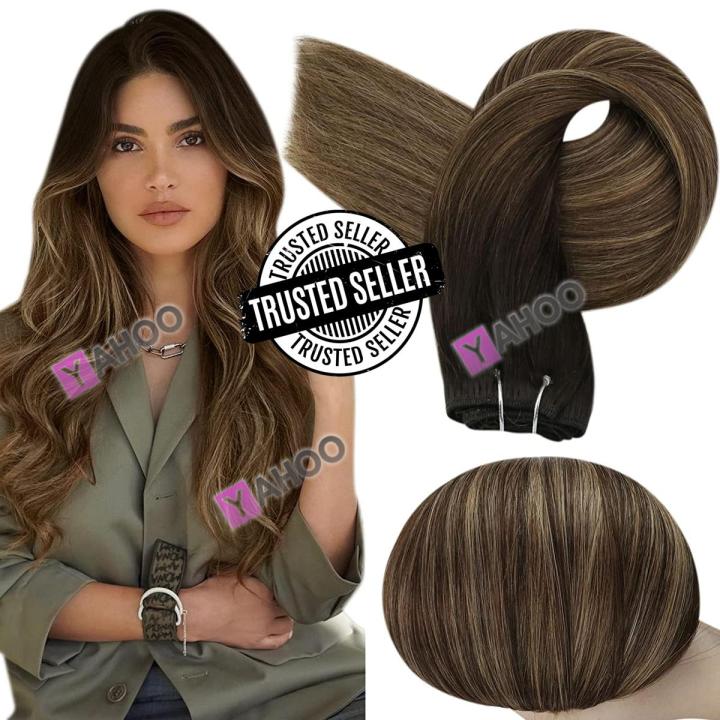 Full Shine Look A Like Human Hair Sew in Weft Extensions 200 Grams 28 Inch Long Hair Wefts Double Weft Sew in Straight Hair Extensions Weft Bundles Hair Dark Brown to 27 Blonde Mix Brown
