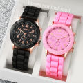 2PCs/Set Fashion Women Silicone Watch Black Pink Colors Quartz Watch Set. 