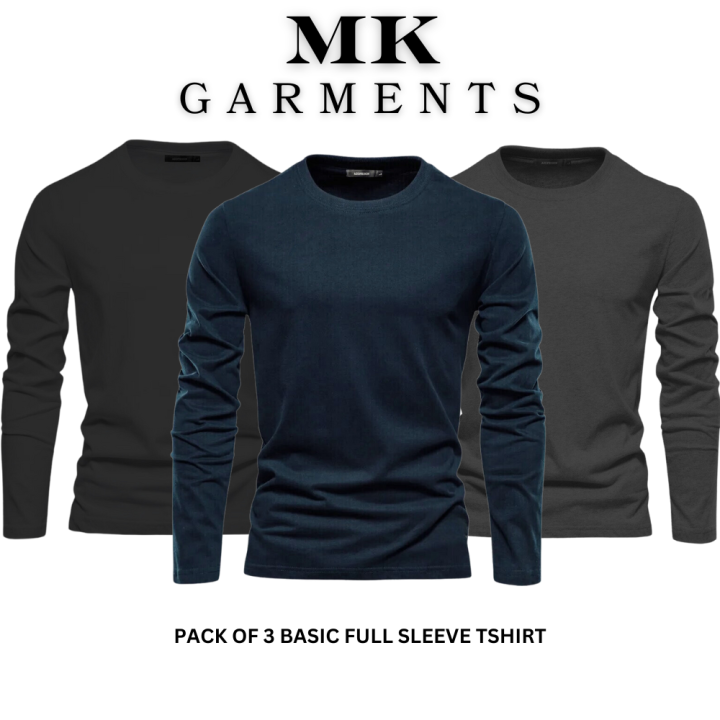 MK Garments - Pack Of 3  Premium Plain Colors Full Sleeves Basic Shirts Casual Wear Trendy Long Sleeve T-Shirts For Men